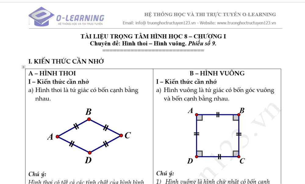 Toán 8. Tài liệu Hình học Trọng tâm  Chương 1. Phiếu 9 Chuyên đề: Hình thoi - Hình vuông